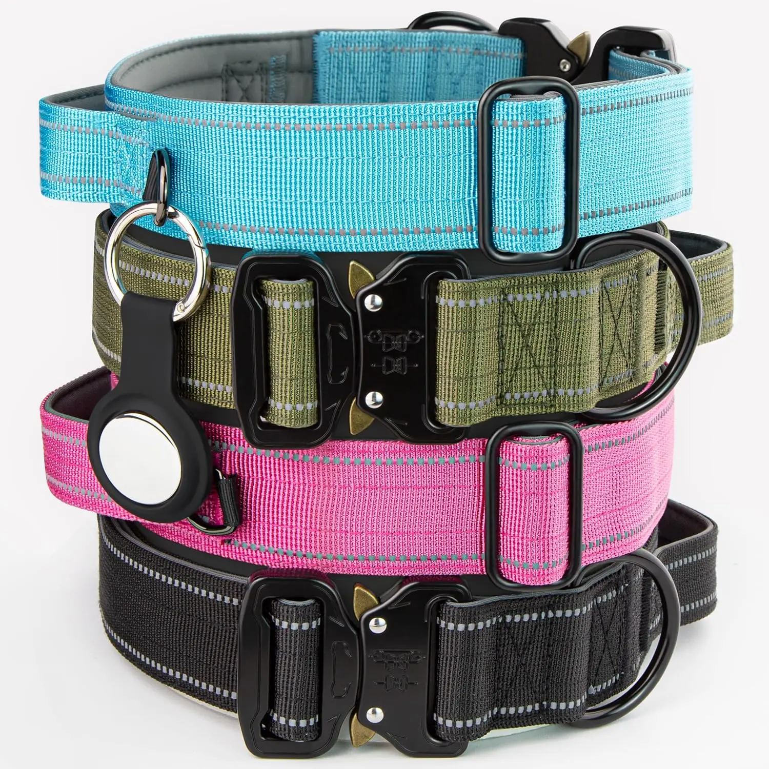 Tactical Dog Collar with Control Handle & AirTag Holder, Neoprene-Padded Lining, Reflective Strips, Heavy-Duty Thick Nylon, Metal Buckle, for Medium & Large Dogs Black