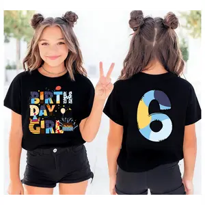 100% Cotton Custom Age Youth Blue Dog Cartoon Theme Birthday Girl T-Shirt, Funny Birthday Gift for Girls, Cartoon Fan Birthday Shirt