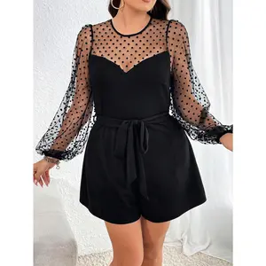 Polka Dots Sheer Mesh Short Jumpsuit Long Raglan Sleeve Sweetheart Neck Romper