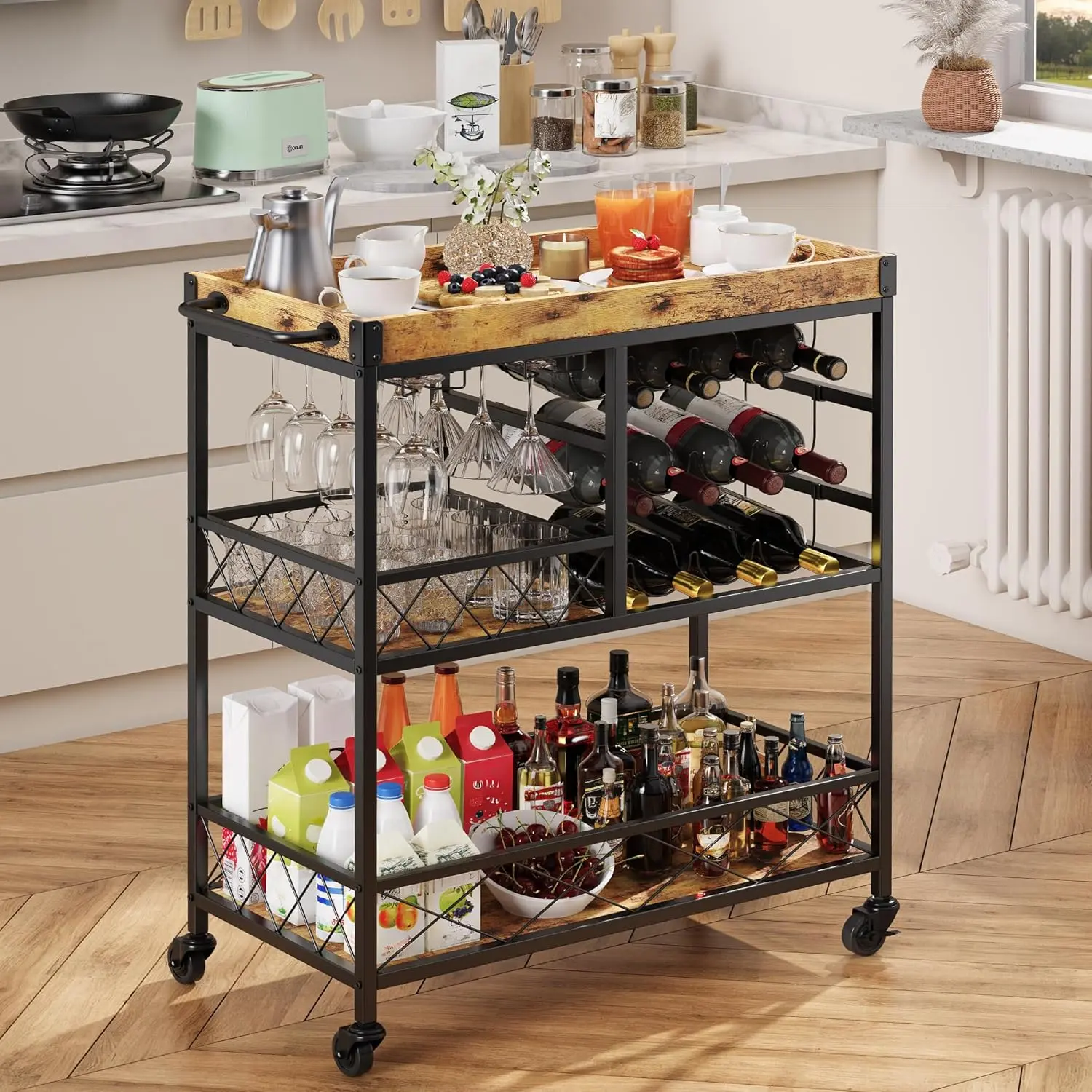 Gizoon Durable Compact Home Bar Furniture, 3-Tier Rolling Bar Cart with Wheels, Handle, Removable Tray, Wine Rack & Glass Holder, Space-Saving Beverage Organizer for Kitchen, Dining Room