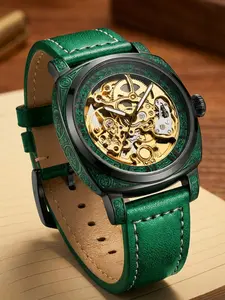 Men's Vintage Engraved Round Dial Mechanical Watch, Fashion Fully Automatic Watch for Party, Daily Decor, Trendy All-match & Exquisite Watch for Birthday Gift with Box