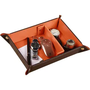 Valet Tray for Men Leather Big Entryway Key Dish Bedside Catchall Bowl 2 Dividers Travel Nightstand Organizer Caddy for Wallet Coins Dice Watch Candy, Sundries Holder for Beside Table (Orange)