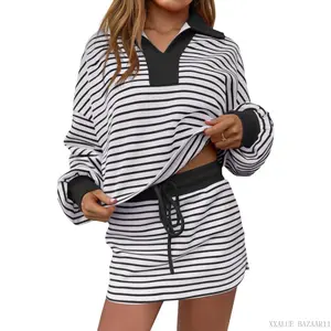 Womens 2 Piece Set Striped Sweatshirt Skirt Set Casual Long Sleeve Skort Workout Matching Lounge Set with PocketsXXALUE BAZAAR11