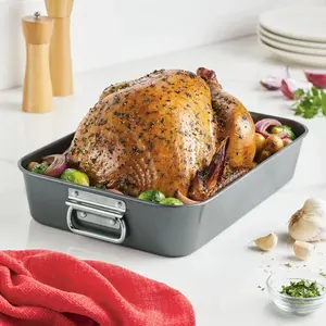 2161797663 - Bakeware Roasting Pan with Removable Flat Rack - 10.5x15 Inches, Dishwasher Safe, Oven-Safe to 450°F, Non-Stick Finish, Gray