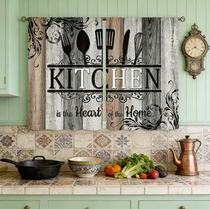 [Vintage Kitchen Curtains]HarleyLand 2pcs Vintage Polyester Kitchen Curtains - "Kitchen is the Heart of the Home" Design with Cutlery & Floral Patterns, Semi-Transparent Fabric for Kitchen, Bedroom,  Kitchen Window Curtains