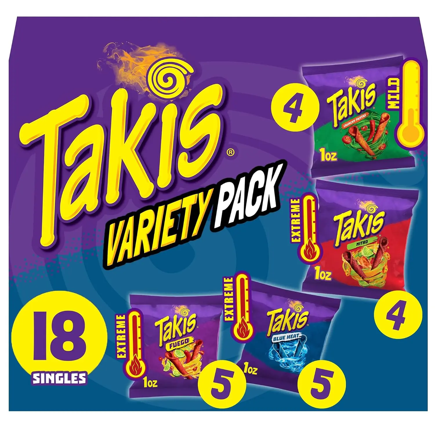Takis Fuego Hot Chili Pepper & Lime Extreme Spicy Rolled Tortilla Chips 18 Count 1oz Individual Bags for Snacking