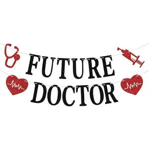 Future Doctor Banner, Congrats Doctor/Congrats Ph.D Sign, 2025 Medical School Survivor Graduation Party Decoration Supplies, Black Glitter