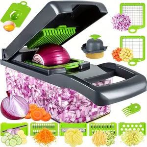 1pc Kitchen Vegetable Chopper, 13-in-1 Food Cutter With 8 Stainless Steel Blades And Container - Ideal For Slicing Onions, Garlic, And More - 13.7x4.7 Inches