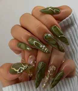 Olive Green Press On Nails Set Luxury Handmade 3D Gold Chrome Nails Art Gif For Her On Holiday Wedding Birthday Party