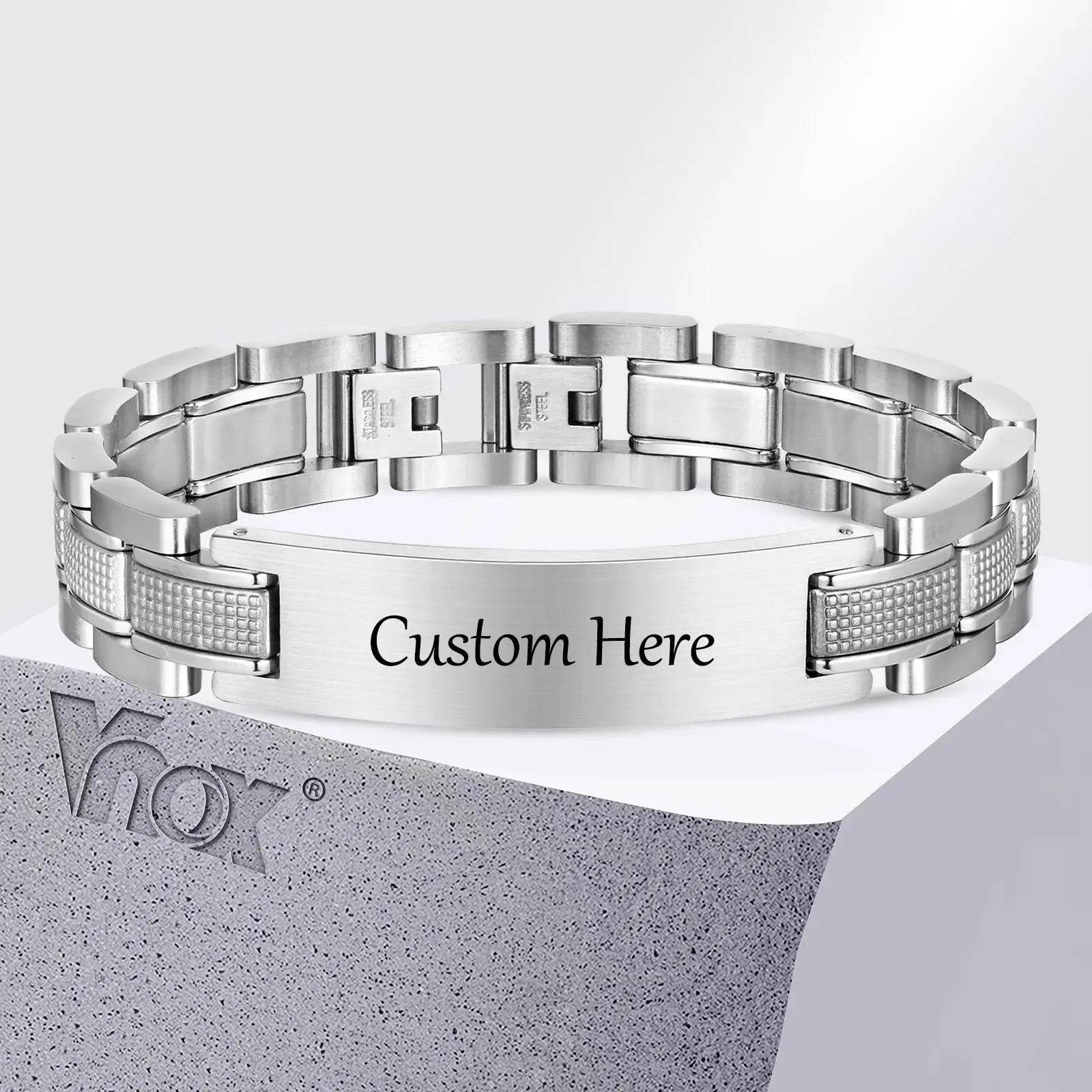 Vnox Customized Luxury Watch Band Bracelet for Men, Free Personalized Black Silver Color Stainless Steel Chunky Wristband Gift