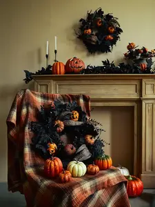 Halloween Wreath for Front Door - 18inch Eucalyptus Wreaths with Pumpkin, Feather and Maple Leaves for Indoor Outdoor Wall Window Porch Patio Garden Farmhouse Home Party Prom Decoration