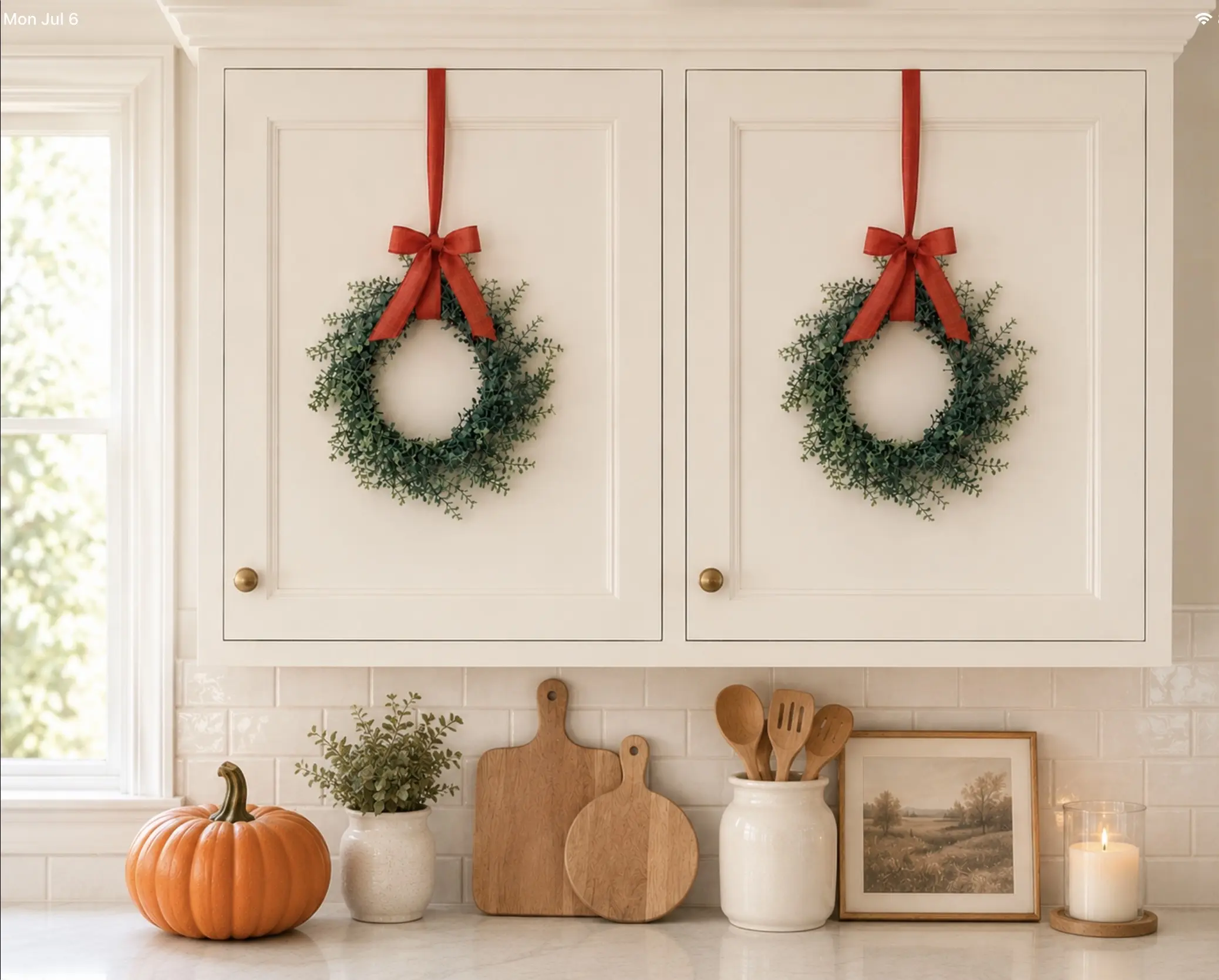 2PC Fall Kitchen GLOW-UP!  Greenery Wreath, Pumpkin Orange kitchen cabinet wreath. greenery wreath, greenery decor