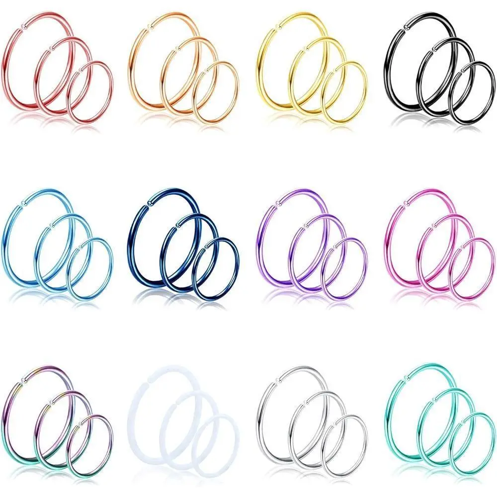 FINREZIO 36Pcs Hypoallergenic Surgical Steel Nose Rings Hoops for Women, 20G Hoop Shape Body Jewelry, 6-12mm Septum-Cartilage Helix Pierced Ring for Daily Wear, 20 Gauge