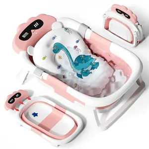 Baby Bathtub,Collapsible Bathtub  Newborn to Toddler,Durable Essential Infant Bath Tub,Portable Travel Baby Tub with Soft Bath Net,No-Slip Feet and Dinosaur Shaped (Pink)