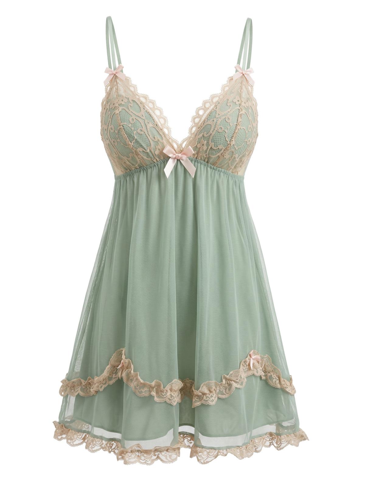 Green 1930s Lace Trim Mesh V-Neck Slip Nightgown Nightwear Womenswear Loungewear Sleeveless BackToSchool Sohochic Fall Dresses Fall outfits Fall fashion,clothes for back to school,first day of school outfits