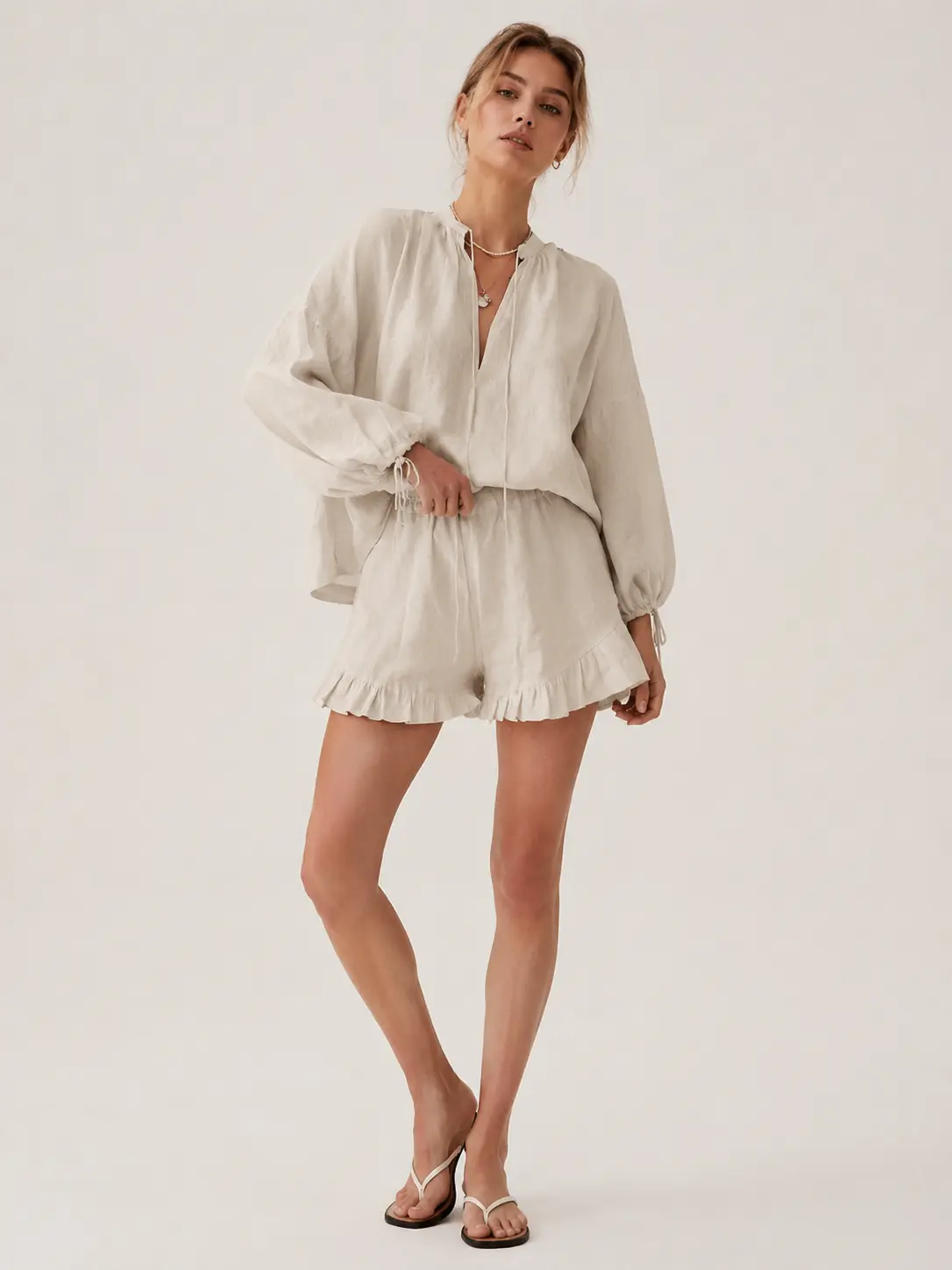 Women's Chic 2-Piece Matching Co-ord Set - Cotton Linen V-Neck Lantern Sleeve Blouse & Drawstring Ruffle High Waist Shorts | Comfortable Vacation Style