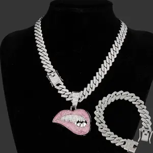 Mens & Womens Pink Lips Pendant Necklace with Cuban Bracelet Set, 14mm Cuban Chain, Fashionable Design, Suitable for Party or Special Occasions