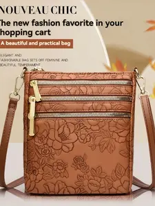 Retro floral pattern shoulder bag, multi-zipper wallet, stylish women's crossbody bag, perfect for carrying your phone and essentials.