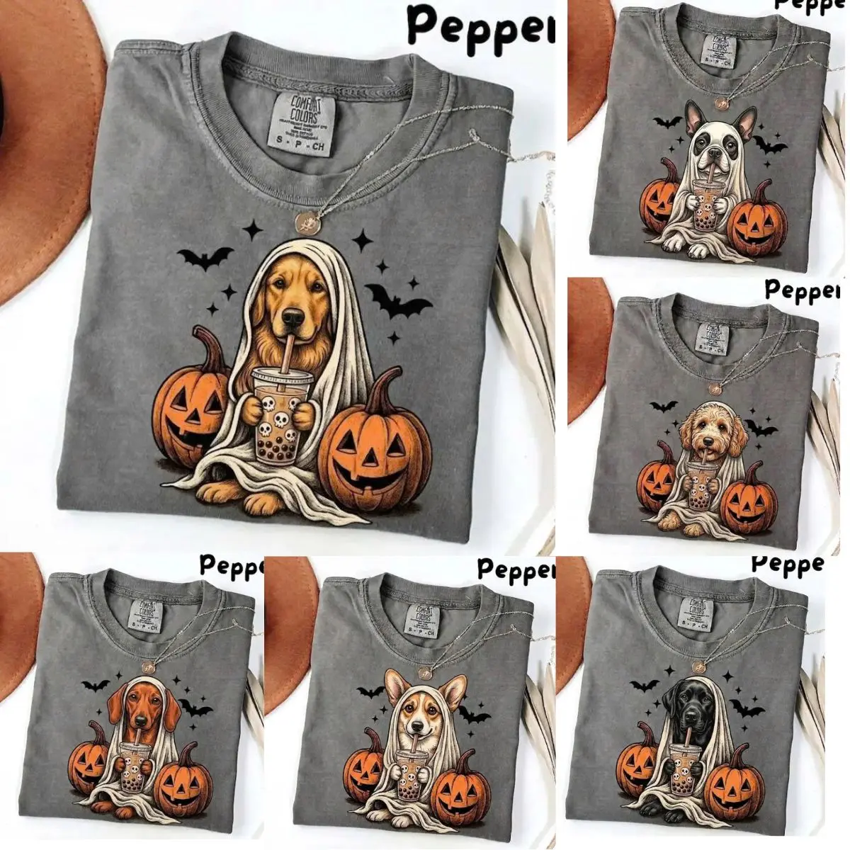 Custom Dog Halloween Shirt, Personalized Ghost & Boba Tea Dog Shirt, Comfort Colors Custom Pet Tee, 50+ Dog Breeds Available, Cute Spooky Fall Graphic T-Shirt, Halloween Gift for Dog Lovers, Unisex Cotton Tee