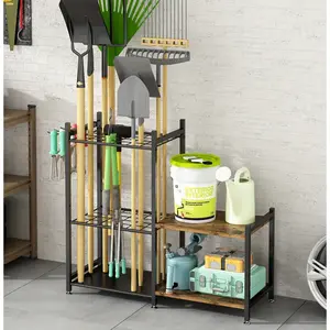 Sturdy Metal Garden Tool Organizer with Hooks - Heavy-Duty Storage Rack for Long-Handled Tools, Broom, Shovel, Rake - Perfect for Garage & Outdoor Yard 、Home decoration Organization, Black