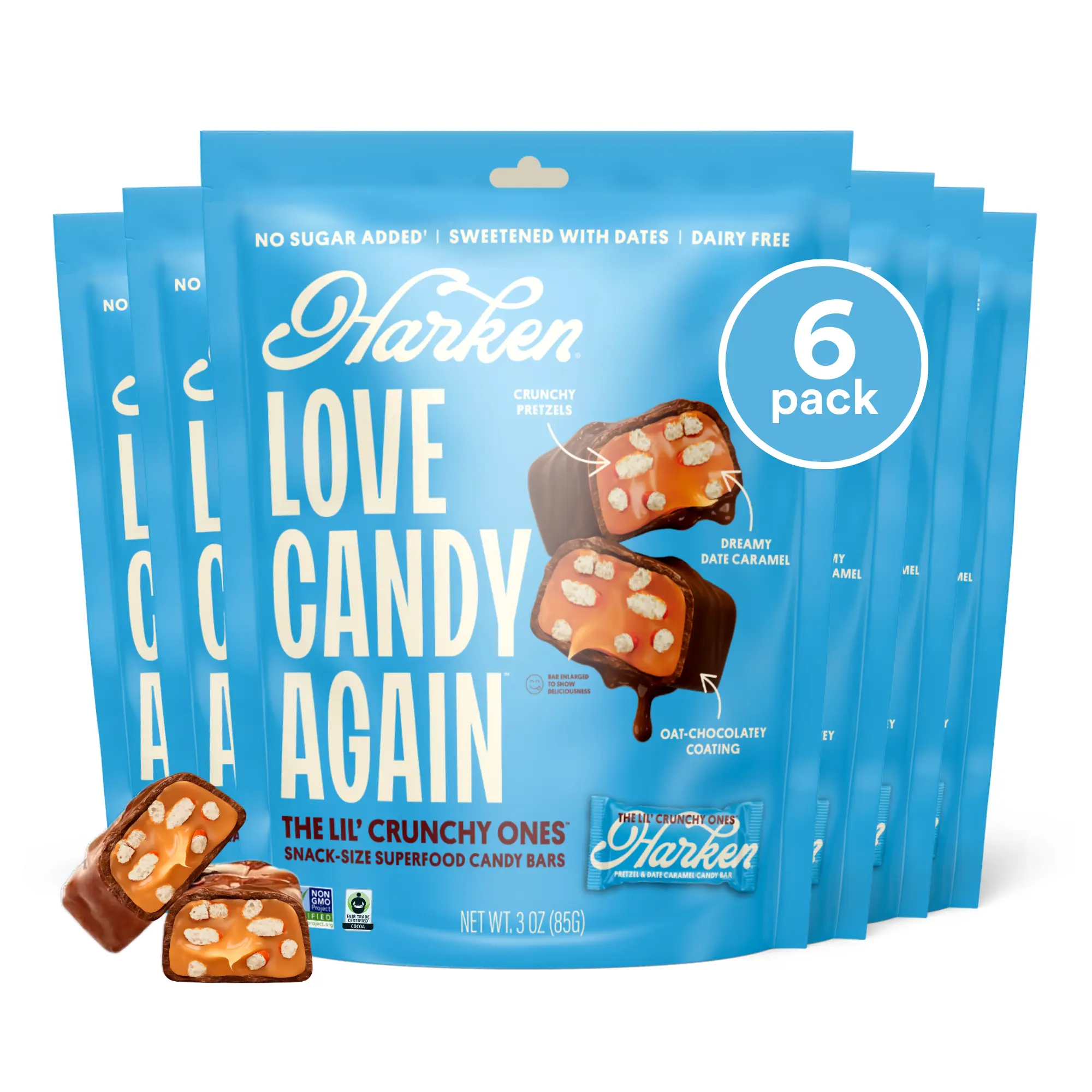 HARKEN, The Lil' Pretzely One Fibermaxx Mini Candy Bars - Mini Oat Milk Chocolate Candy Bars with Pretzel, Made with Date Caramel, No Sugar Added, High Fiber,  Vegan, Plant-Based, 6 Pouches (30 Bars)