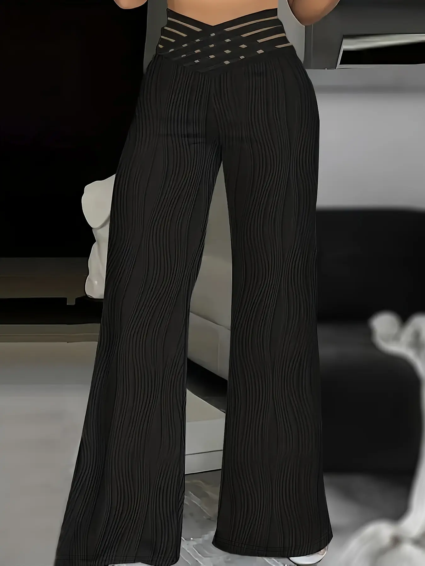 Women's Pants 2025 Summer Fashion Overlap Waist Sheer Mesh Patch Casual Plain High Waist Wide Leg Long Flared Pants Streetwear