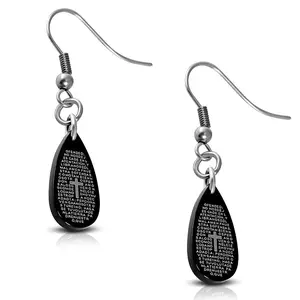 Stainless Steel Black Religious Cross Padre Nuestro Spanish Prayer Drop Dangle Earrings