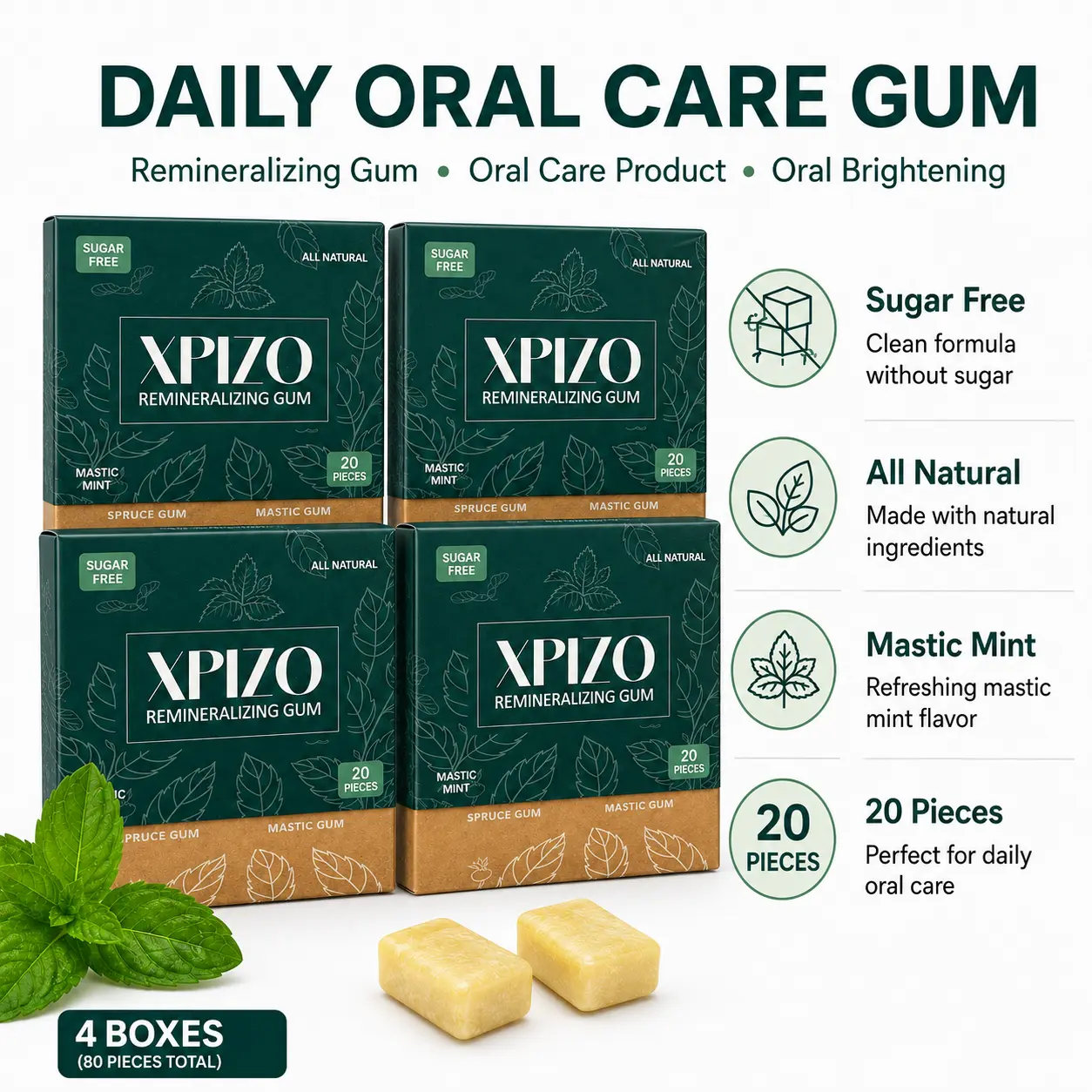 Sugar-Free Remineralizing Mastic Mint Chewing Gum - Teeth Whitening, Fresh Breath Neutralizer, 20 Pieces Per Box, 4-Box Pack (80 Pieces Total), Pocket Size, Oral Care, Perfect For Daily Oral Care