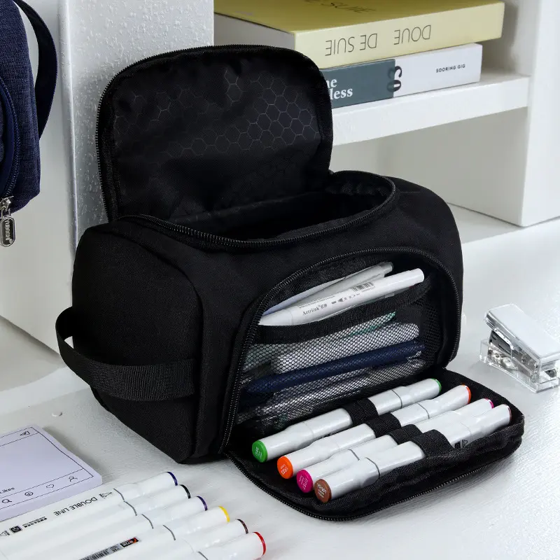 Multi Compartment Handheld Pencil Case For Middle High School, Large Capacity Portable Pen Pouch, Simple Canvas Multi-Function Stationery Bag, Durable Back To School Student Storage Organizer, Dual Use Marker & Cosmetic Carry Bag