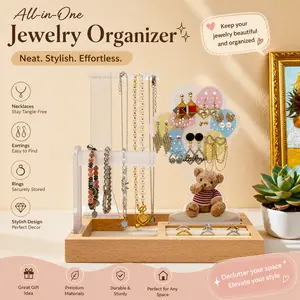 Teddy Bear Balloons Acrylic Jewelry Organizer Stand with Wood Base, Earring Necklace Bracelet Holder and Ring Tray