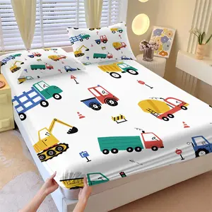 Playful Style Cartoon Construction Vehicle Fitted Sheet Set (2 Pillowcases) - Soft & Comfortable, Stylish Bedroom Decor & Bedding, Viral Kids’ Gift