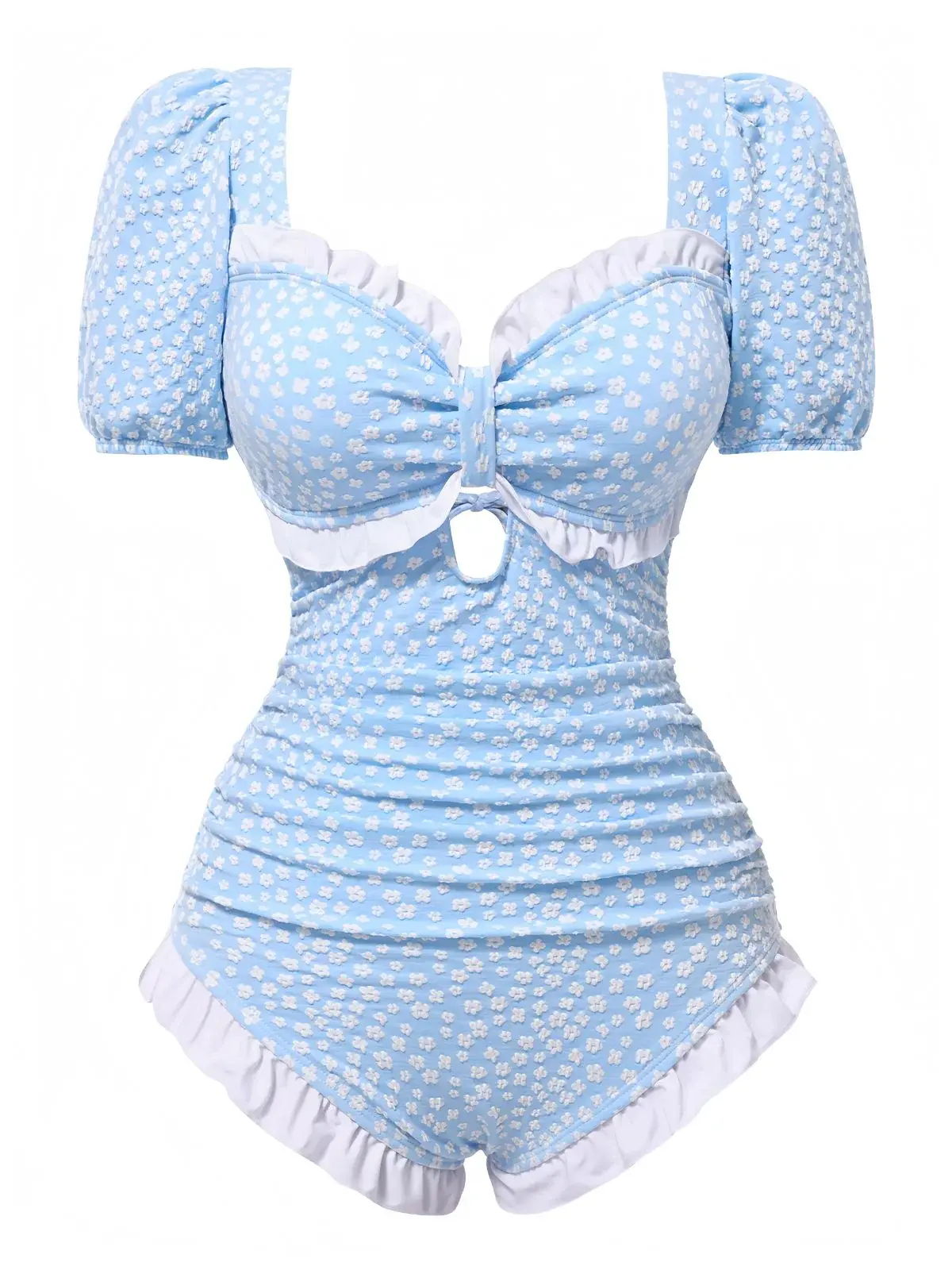 RETRO STAGE Women's 1940s Blue Ditsy Floral Ruffle 1-Piece Swimsuit, Bra-Padded Bodysuit, Floral Print Bathing Suit for Sports & Outdoor Use, Floral Print Swimsuit, One Piece Swimsuitsummer outfits beach essentials vacation outfits