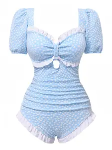 Blue 1940s Ditsy Floral Ruffles One-Piece Swimsuit