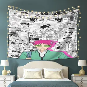 A Minimalist And Elegant Tapestry Featuring Themes from Saiki K., Perfect for Wall Hanging. It Boasts a Clean Design And Modern Style, Making It a Great Decorative Piece That Enhances The Artistic Atmosphere. Suitable for Accenting Walls in Living R
