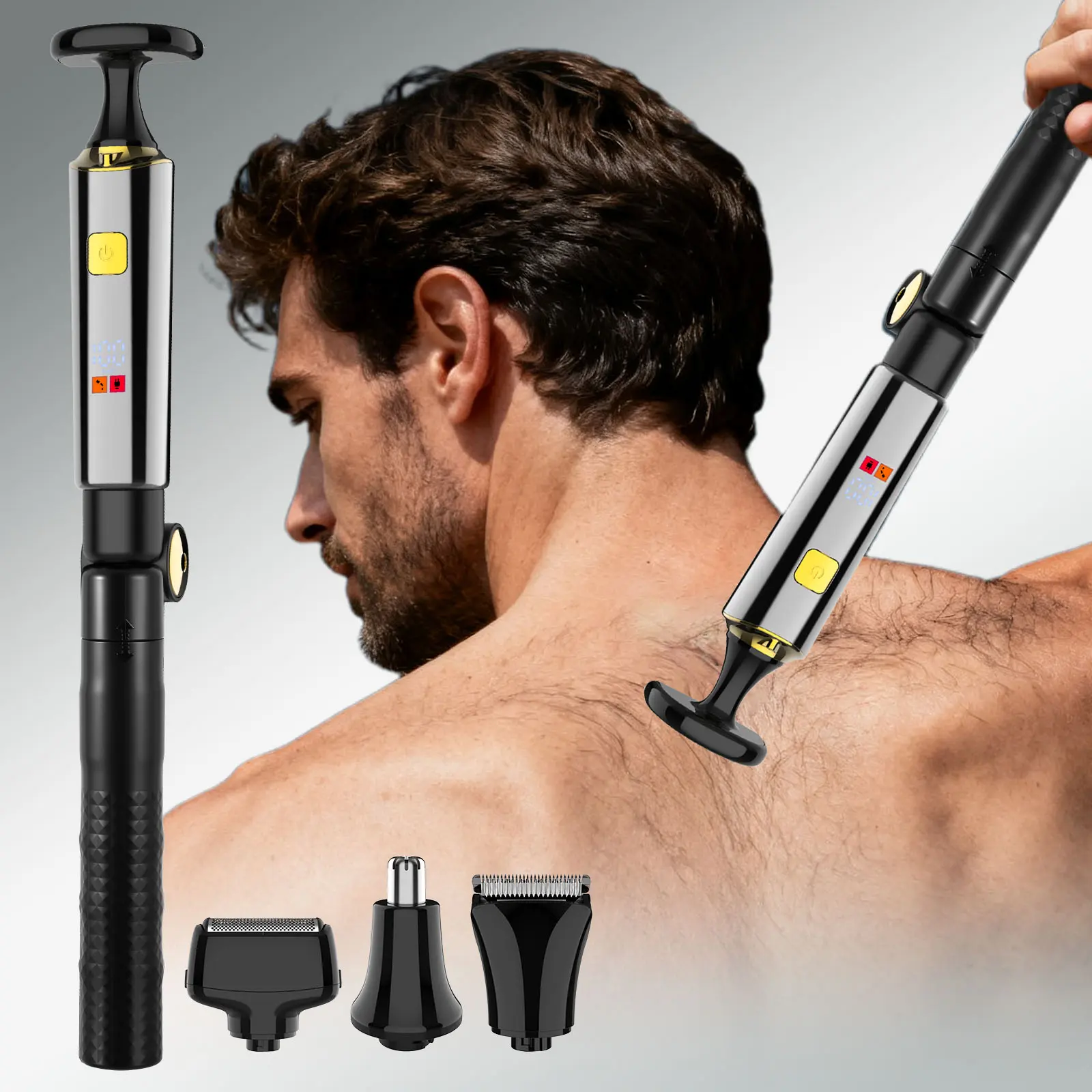 Hatteker 4-in-1 Waterproof Electric Men's Trimmer - Adjustable Smooth Grooming Kit with Extend Arm Tip, Multiple Blades, Built-in Cells for Back & Arms Hair