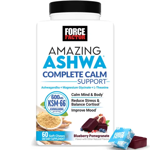 Force Factor Amazing Ashwa Complete Calm Support with KSM-66 SAshwagandha, Like Ashwangandha Gummies to Promote Calm Relaxation with Magnesium & L-Theanine, Blueberry Pomegranate, 60 Soft Chews for stress relief