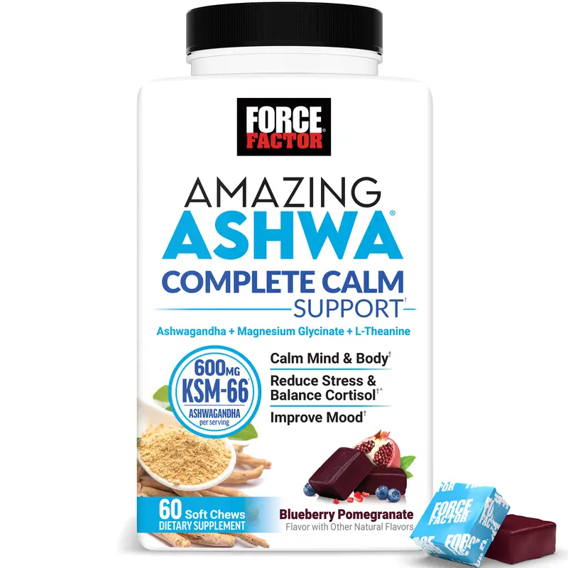 Force Factor Amazing Ashwa Complete Calm Support with KSM-66 SAshwagandha, Like Ashwangandha Gummies to Promote Calm Relaxation with Magnesium & L-Theanine, Blueberry Pomegranate, 60 Soft Chews for stress relief