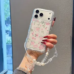 2 Piece Set: Transparent Floral Pattern Anti-Drop Phone Case + Bracelet, Shockproof Full Coverage Tpu Case for iPhone 11-17 Pro Max