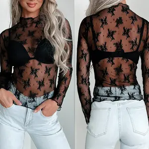 Women's New Lace Top Sexy Hollow Black Shirt Women's Casual Interior Long Sleeve