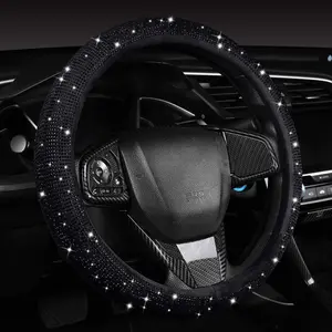 Steering Wheel Cover with Black Diamonds, 15 inch Standard Glitter Rhinestone Car Wheel Cover Sparkling