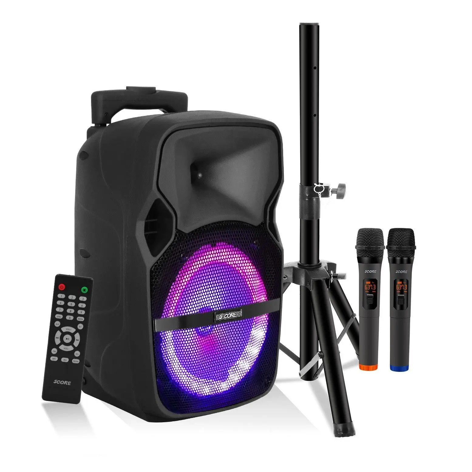 5 Core Portable Party Wireless Surround Sound Speaker System with 250W Subwoofer, Stereo PA DJ Music Setup, Rechargeable Rolling Design, Disco Lights, 2 Wireless Karaoke Mics, Loud Bass Speakers - Black