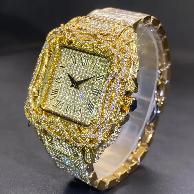 MaxBling81 Men's Luxury Square Watch, 18K Gold Plated, Thorn Crown Bezel, Simulated Diamonds, Hardlex Glass Dial, 40mm x 40mm, Japanese Quartz Movement, Hip-Hop Inspired