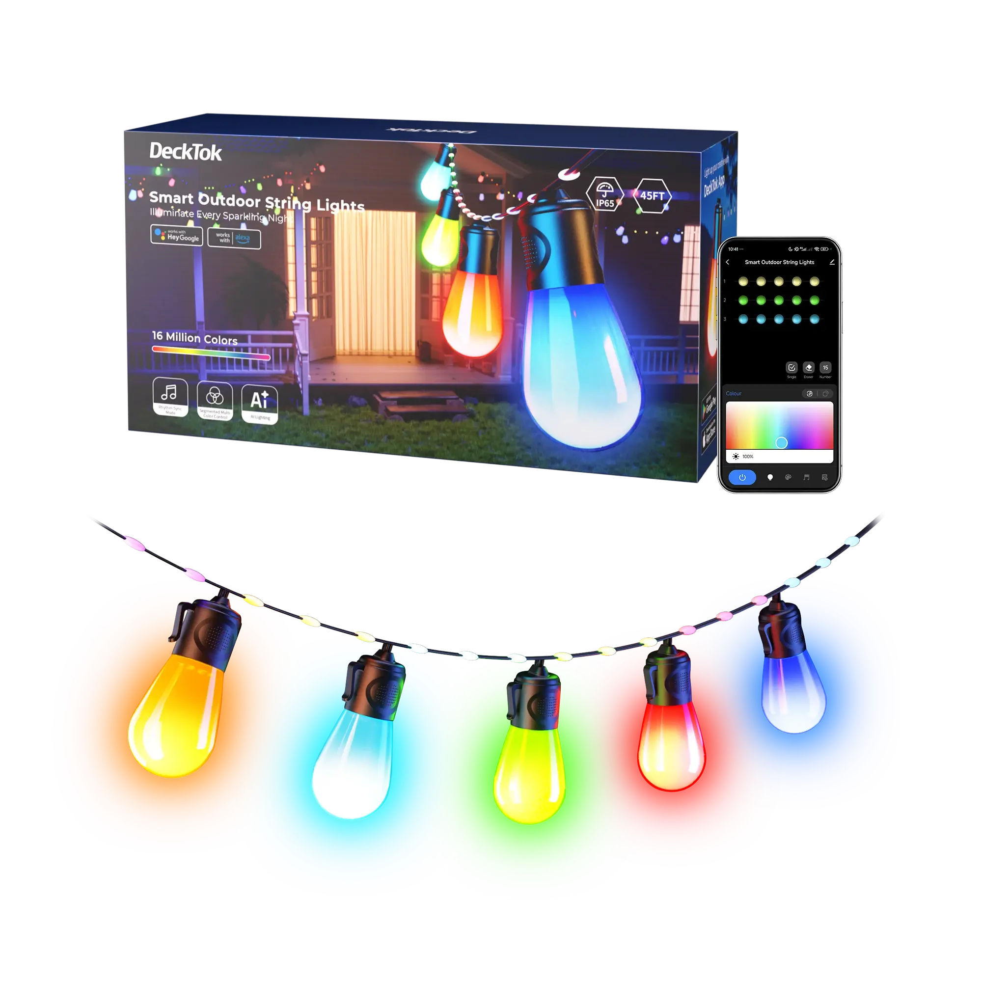 45ft Smart Outdoor String Lights, IP65 Waterproof Color Changing LED Lights for Garden Patio