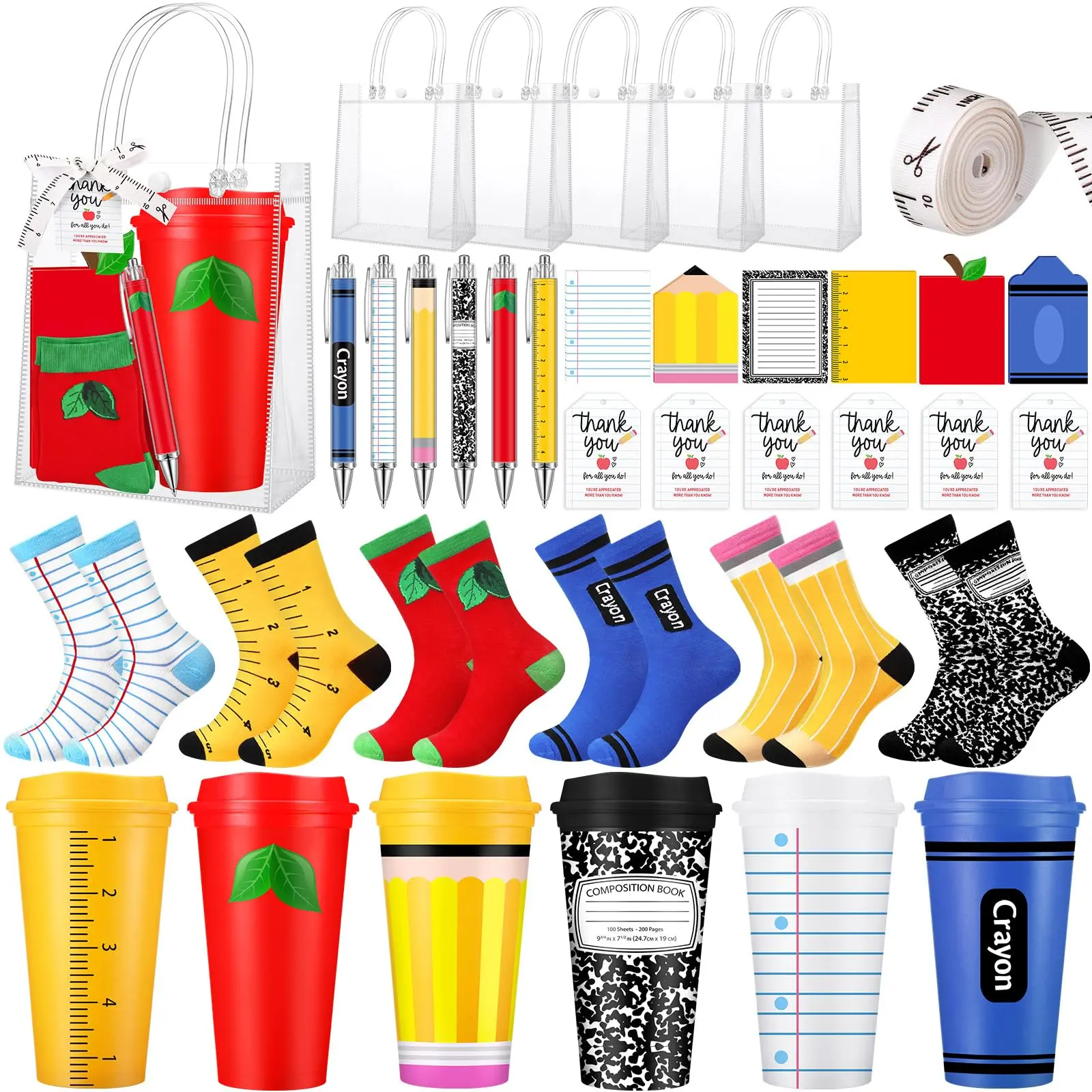 6/12 Pack Back to School Teachers Thank You Gift Set, Teacher Survival Kit with Clear Gift Bags Socks Memo pads Ballpoint Pens Greeting Cards for Teachers employee, Meet the Teacher Appreciation Gifts for Classroom Welcome Party Supplies and Class Rewards