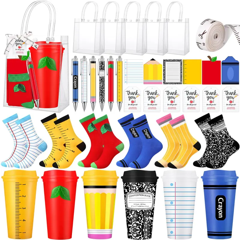 Unisex Teacher Survival Kit (12-Pack, 6-Set Option) - Appreciation Kit with Socks, Memo Pads, Ballpoint Pens, Greeting Cards, Goodie Bag Stuffers, Party Bag Fillers, Classroom Gifts for Back to School