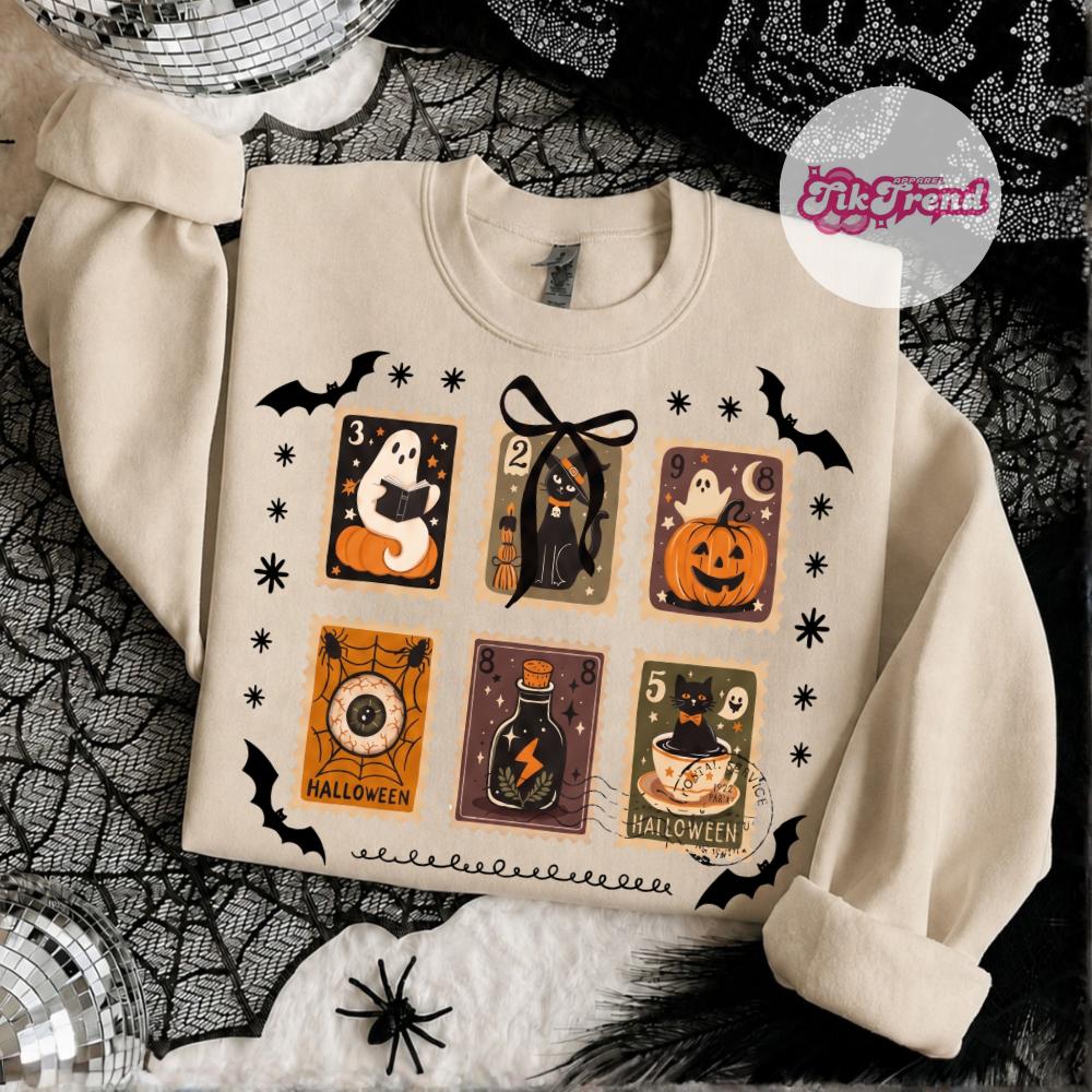 Halloween Stamp Sweatshirt, Cute Vintage Ghost Cat Pumpkin Crewneck for Women, Spooky Season Retro Fall Sweatshirt, Gift for Her