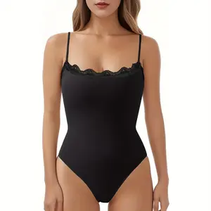 Women Sexy Spaghetti Strap Square Neck Thong Bodysuit Double Lined Backless Camisoles Halter Tank Top