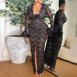 ChicMe Women's Elegant Lace Plunge V Neckline Long Sleeve Valentine's Day Dress Casual Slim Fit Slit Evening Maxi Dress for Wedding & Wedding Guest