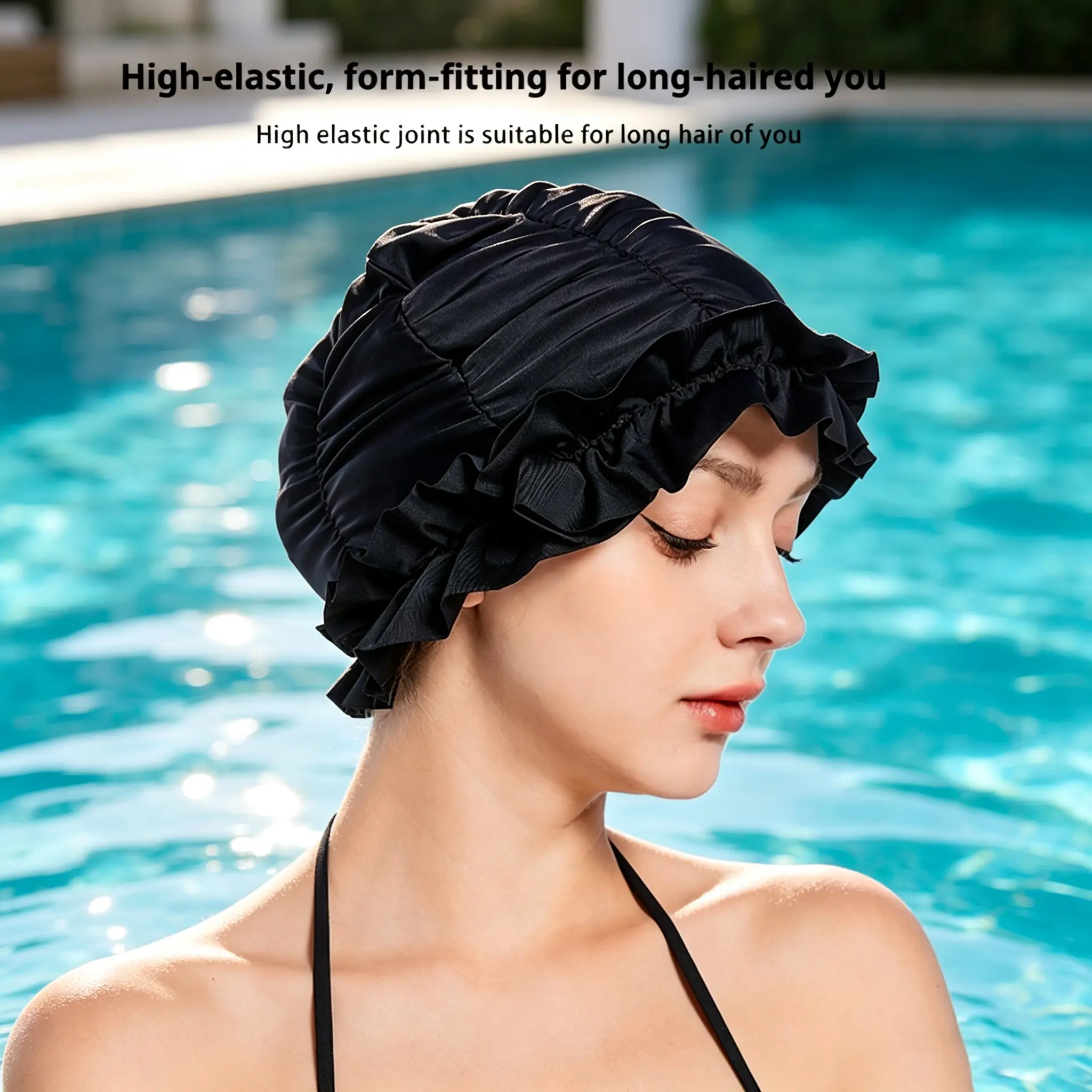 Women's 2-Pack High-Elasticity Breathable Polyester Swimming Caps - Solid Color High-End Sunshade Cap for Long Hair, Hot Spring Use