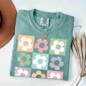 Women's Retro Printed Round Neck Shortsleeve Cotton T-Shirt - Soft Fashion Casual Wear, Oversized Boho Summer Tee, 5LO